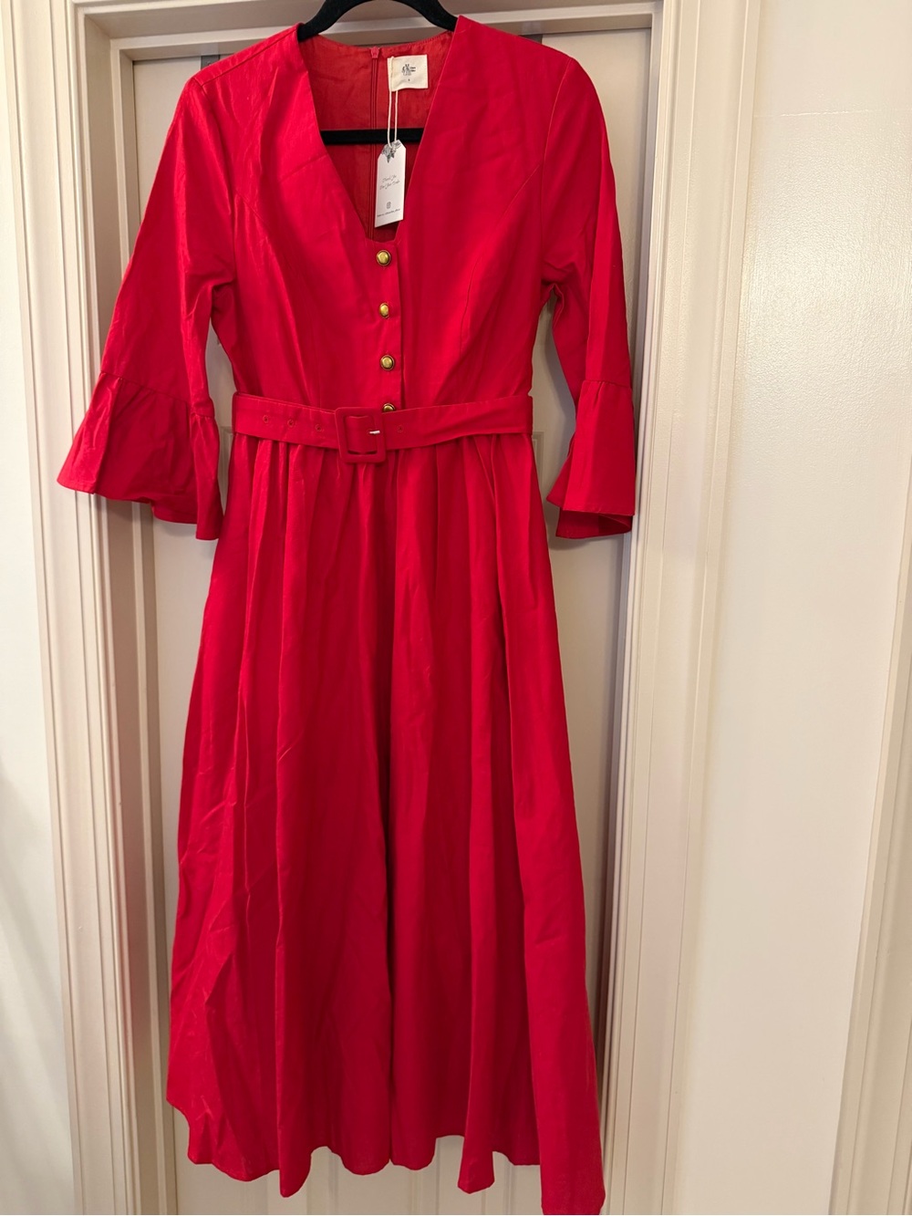 Cherry Red Belted Midi Dress with Gold Buttons